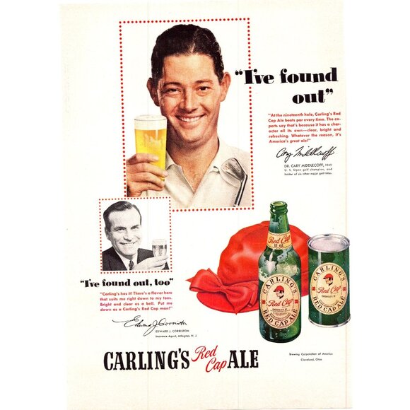1950 Carling's Red Cap Ale Beer Vintage Print Ad Green Bottle Can 50s Wall Art - Picture 1 of 2
